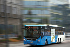 A bus driving.