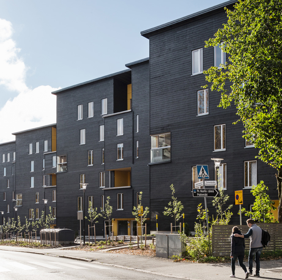 Dark wooden apartment houses.