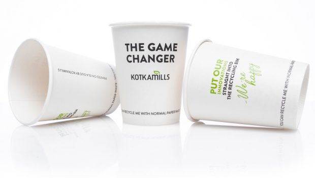 Three reycyclable Kotka Mills coffee cups.