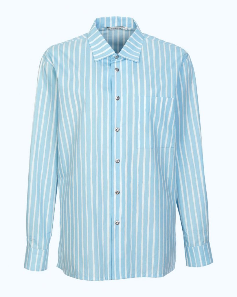 A shirt with light blue stripes and golden buttons.