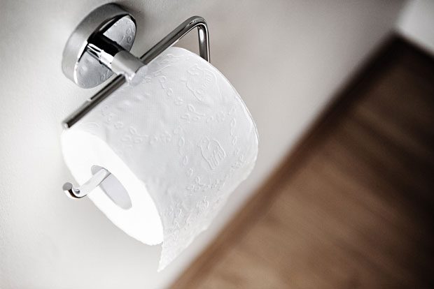 Toilet paper on a holder.