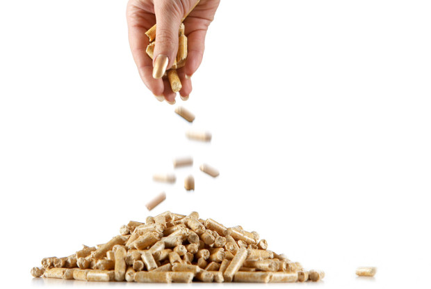 A hand sprinkling wood pellets.