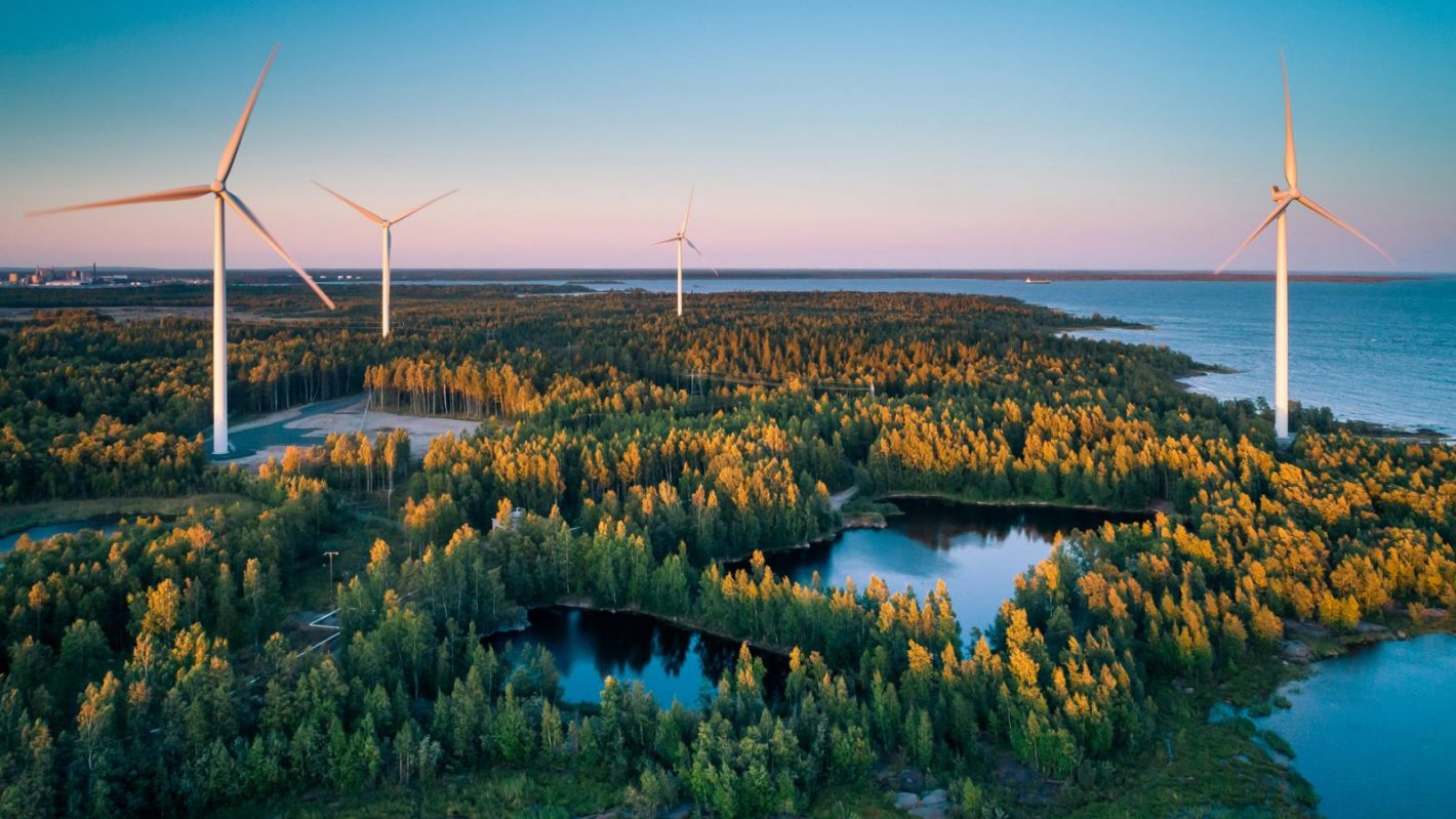 Windpower stations in forested landscape.