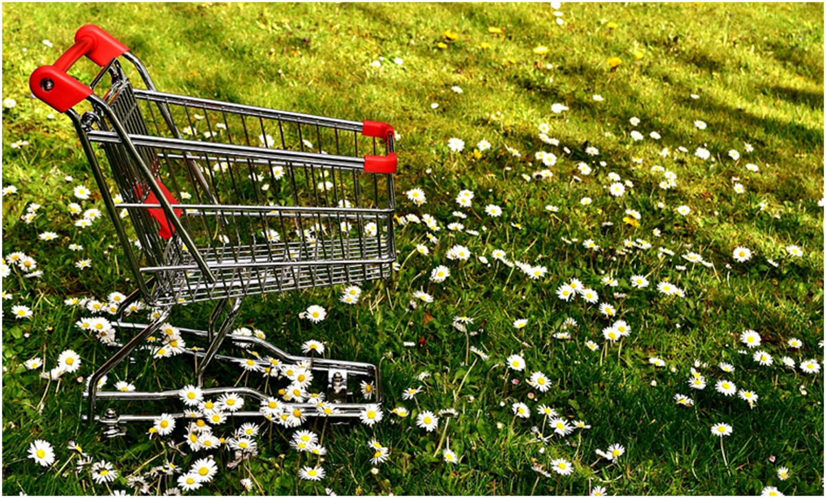 SHopping cart on a grass with daisies.