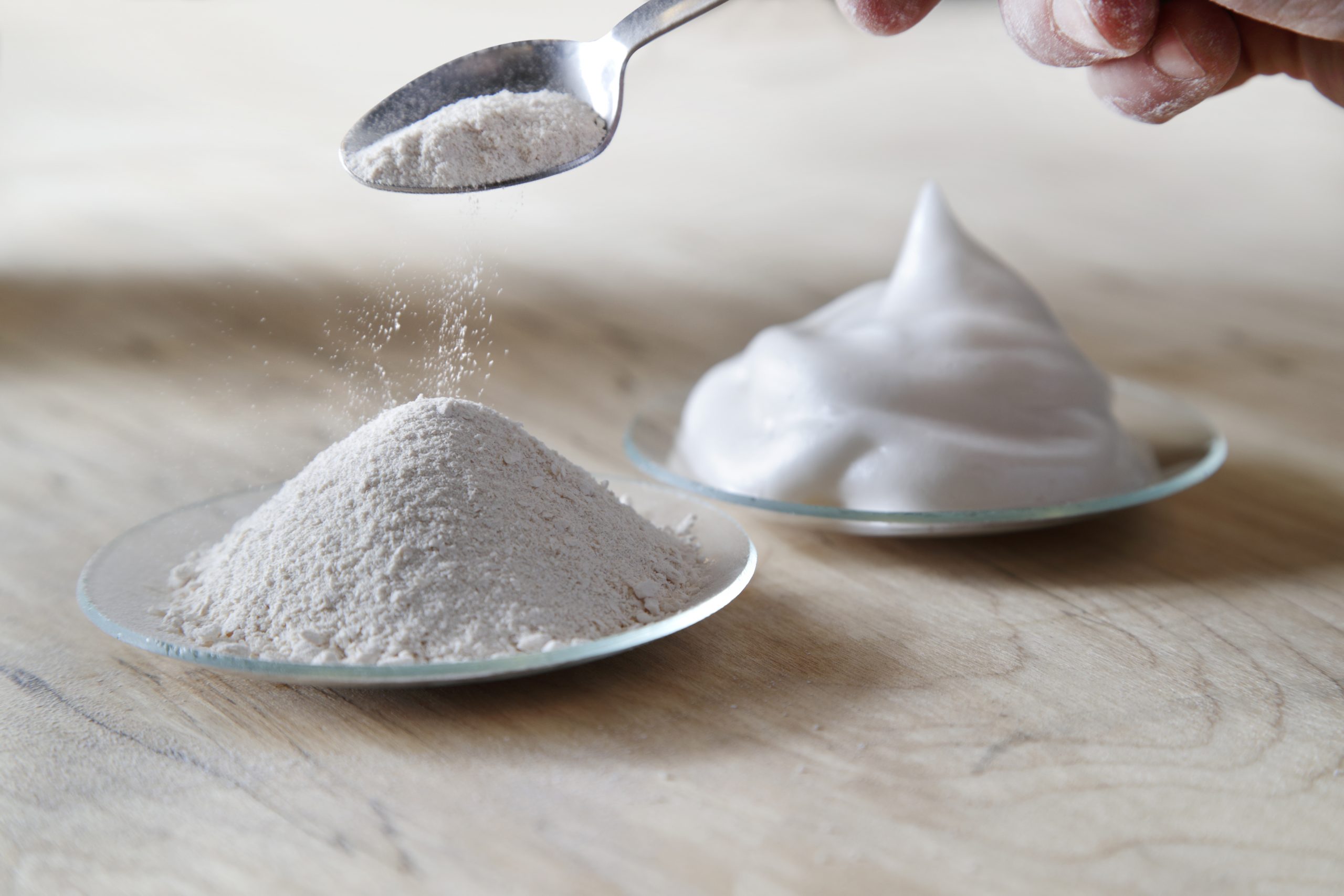 White powder and foam on plates.